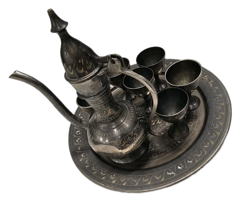 Vintage Middle Eastern Brass Coffee Tea Set Dallah Pot 6 Cups Engraved Tray 8pc